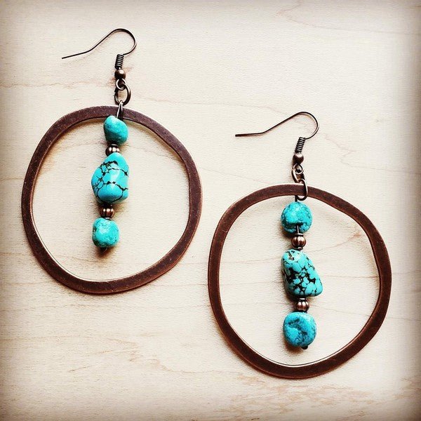 Copper Hoop Earrings w/ Blue Turquoise and Copper - Rustic Jade Designs Co