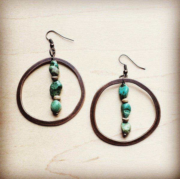 Copper Hoop Earrings w/ Natural Turquoise and Wood - Rustic Jade Designs Co