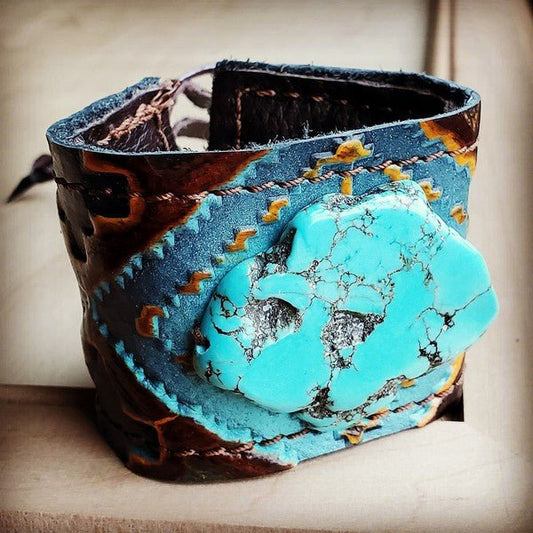 Cuff w/ Leather - Blue Navajo and Turquoise Slab - Rustic Jade Designs Co