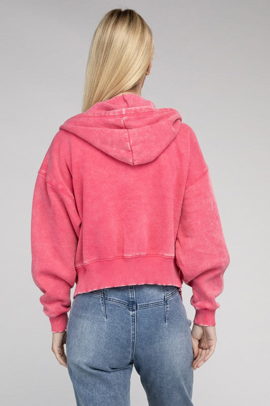 Acid Wash Fleece Cropped Zip-Up Hoodie