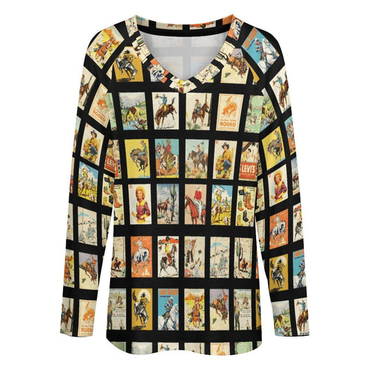 Baha Ranch Cowboy Collage Western Print Long Sleeve Top