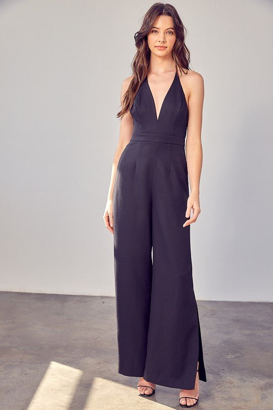 Deep V - Neck Wide Leg Jumpsuit - Rustic Jade Designs Co