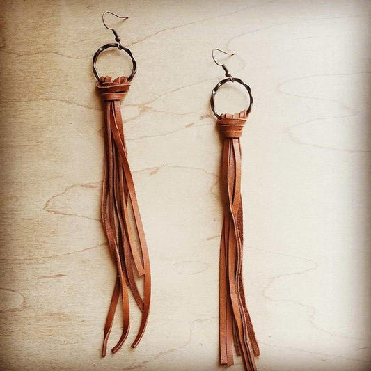 Deer Skin Leather Tassel Earring - Saddle Tan - Rustic Jade Designs Co