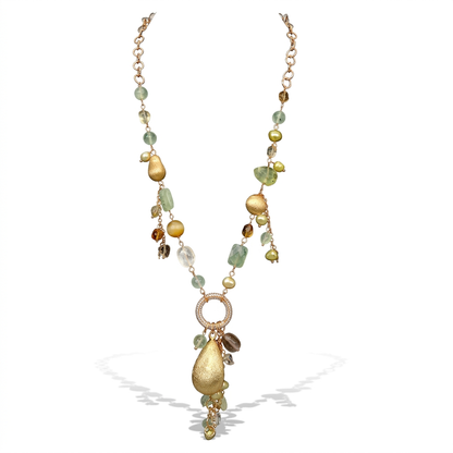 Grounded Gemstone Pearl Lariat Necklace