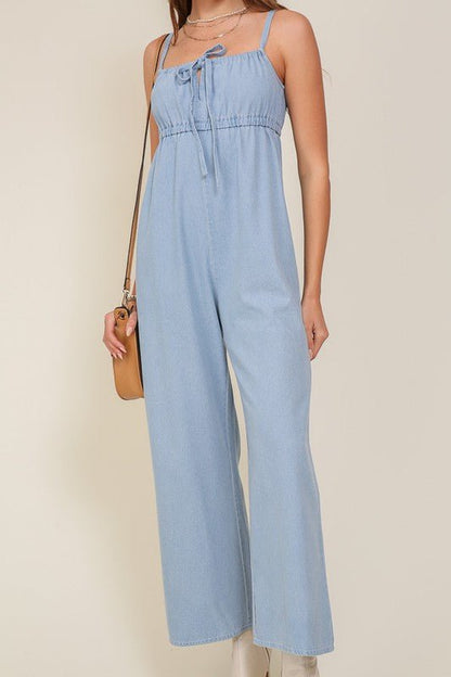 Denim Blue Sleeveless Jumpsuit With Self Jump Tie - Rustic Jade Designs Co