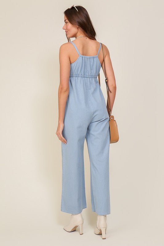 Denim Blue Sleeveless Jumpsuit With Self Jump Tie - Rustic Jade Designs Co