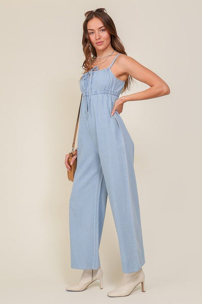 Denim Blue Sleeveless Jumpsuit With Self Jump Tie - Rustic Jade Designs Co