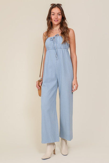 Denim Blue Sleeveless Jumpsuit With Self Jump Tie - Rustic Jade Designs Co