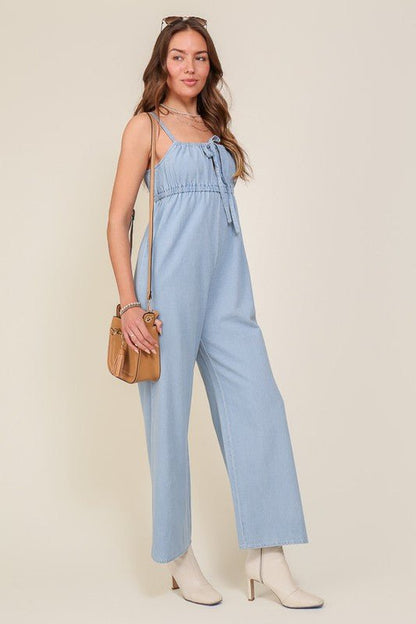 Denim Blue Sleeveless Jumpsuit With Self Jump Tie - Rustic Jade Designs Co