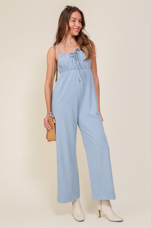 Denim Blue Sleeveless Jumpsuit With Self Jump Tie - Rustic Jade Designs Co