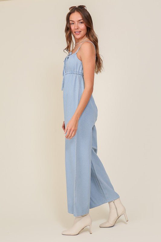 Denim Blue Sleeveless Jumpsuit With Self Jump Tie - Rustic Jade Designs Co