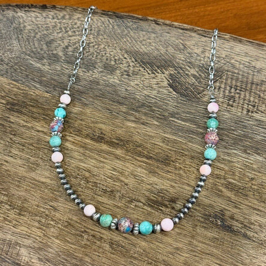 Queen Conch and Round Turquoise Mosaic Beaded Necklace