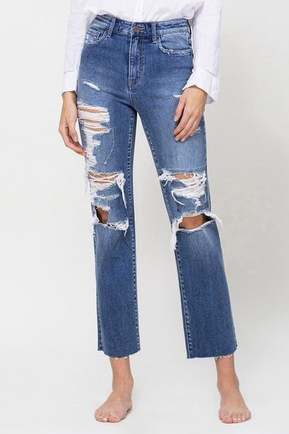 Distressed High Rise Ankle Relaxed Straight Jeans - Rustic Jade Designs Co