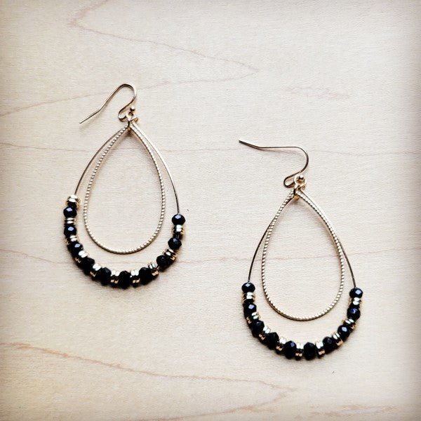 Double Beaded Teardrop Hoop Earrings Black & Gold - Rustic Jade Designs Co