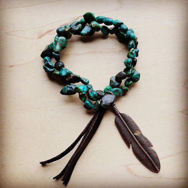 Double Strand Turq Bracelet w/ Feather and Tassel - Rustic Jade Designs Co