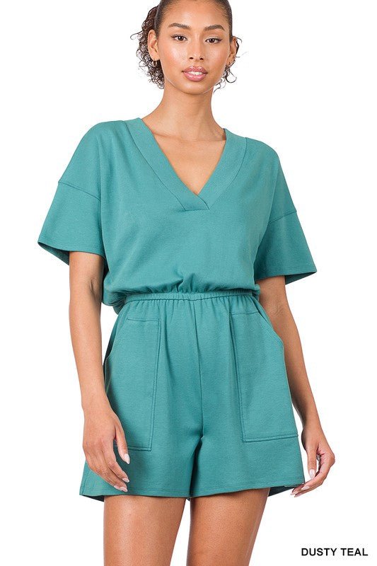 Drop Shoulder V - Neck Romper with Pockets - Rustic Jade Designs Co