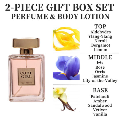 2-piece set, women's perfume spray and body lotion gift box, lasting fragrance, aldehydes, jasmine, ylang, orange blossom, bergamot, lemon flavor, very suitable for holiday gifts, dates, parties