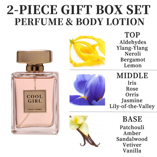 2-piece set, women's perfume spray and body lotion gift box, lasting fragrance, aldehydes, jasmine, ylang, orange blossom, bergamot, lemon flavor, very suitable for holiday gifts, dates, parties