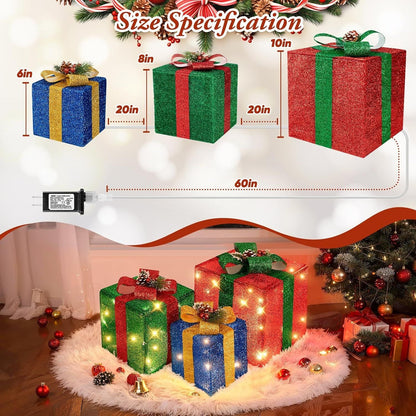 3 Pieces Large Gift Boxes for Christmas Decorations Outdoor, 10" 8" 6" with Pre-lit 70 LED Mini String Lights, Plug-in Warm White Present Boxes with Glitter for Christmas Wedding Party