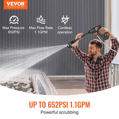 Cordless Pressure Washer, 652-PSI 1.1 GPM Portable Power Cleaner, Handheld High-Pressure Car Washer Gun with 4.0Ah Battery, Charger, 6-in-1 Nozzle, for Home/Floor Cleaning & Watering