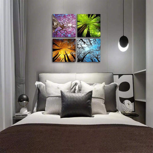 4 Panels Canvas Wall Art Spring Summer Autumn Winter Four Seasons Landscape Color Tree Painting Picture Prints Modern Giclee Artwork Stretched and Framed for Living Room Home Decoration