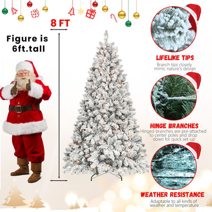 8ft Pre-lit Flocked Christmas Tree with 700 UL Lights & 54 Pine Cones & 1754 Tips Snow Frosted Artificial Xmas Tree