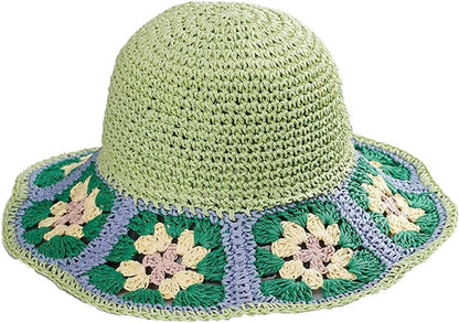 Women's Straw Sun Hat Floral Woven Bucket Hat Fishing Hat Beach Hat Hand Woven Foldable Cap