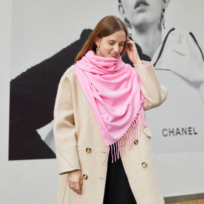 Wholesale Korean simple pure color cashmere like polyester warm shawl monochrome long tassel scarf thickened scarf
