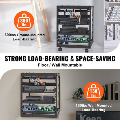 12U Open Frame Server Rack, 23-40 in Adjustable Depth, Free Standing or Wall Mount Network Server Rack, 4 Post AV Rack with Casters, Holds All Your Networking IT Equipment AV Gear Router Modem