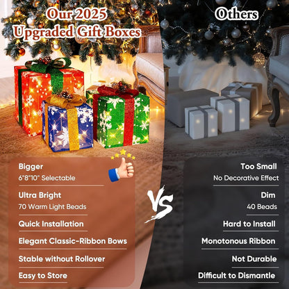 3 Pieces Large Gift Boxes for Christmas Decorations Outdoor, 10" 8" 6" with Pre-lit 70 LED Mini String Lights, Plug-in Warm White Present Boxes with Glitter for Christmas Wedding Party