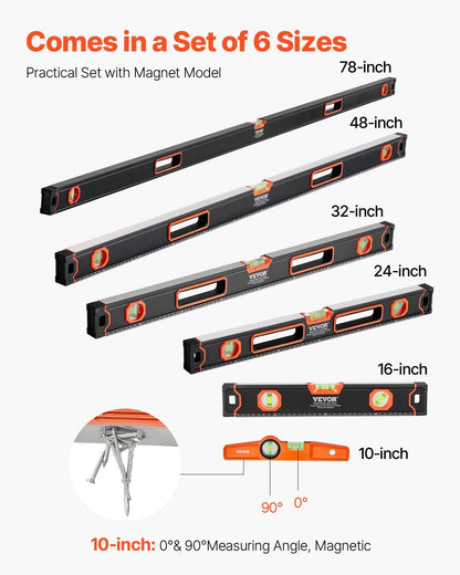 6-Piece Torpedo Level, 78/48/32/24/16/10 Inch Box Levels Set, Bubble Vials Ruler for 45/90/180 Degree, Shock-Proof Aluminum Alloy Magnetic Leveler Tool, SAE/Metric Scale(Only 10-inch has magnet)