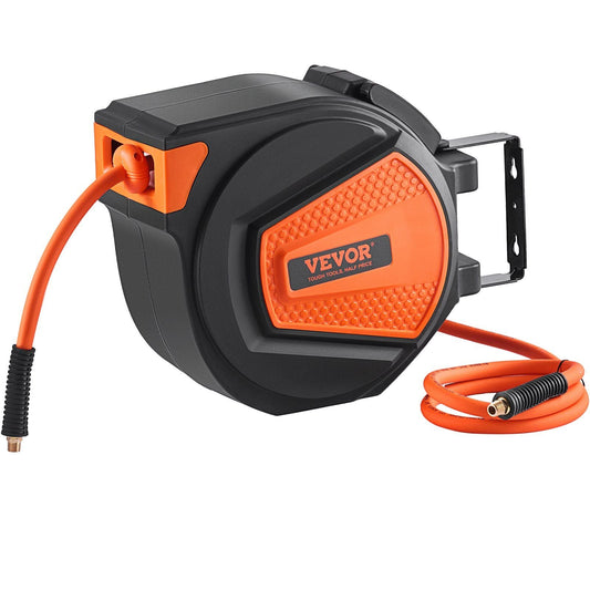 VEVOR Retractable Air Hose Reel, 3/8 IN x 50 FT Hybrid Air Hose Max 300PSI, Air Compressor Hose Reel with 5 In Lead in, Ceiling / Wall Mount Enclosed Air Reel, 180° Swivel Mount