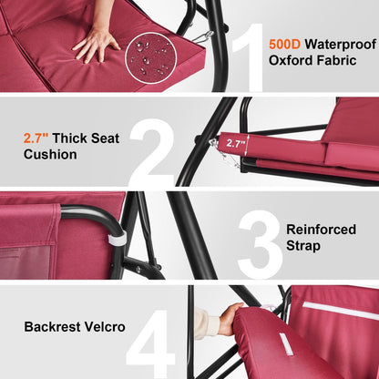 3-Seat Patio Swing Chair, Converting Canopy Swing, Outdoor Patio Porch with Adjustable Canopy, Removable Thick Cushion and Alloy Steel Frame, for Balcony, Backyard, Poolside, Burgundy