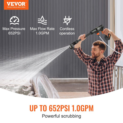 Cordless Pressure Washer, 652-PSI 1.0 GPM Portable Power Cleaner, Handheld High-Pressure Car Washer Gun with 4.0Ah Battery, Charger, 6-in-1 Nozzle, for Home/Floor Cleaning & Watering