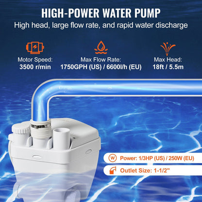 Utility Sink Pump Laundry Sink Drain Pump System 1/3 HP 1500 GPH 18ft Head