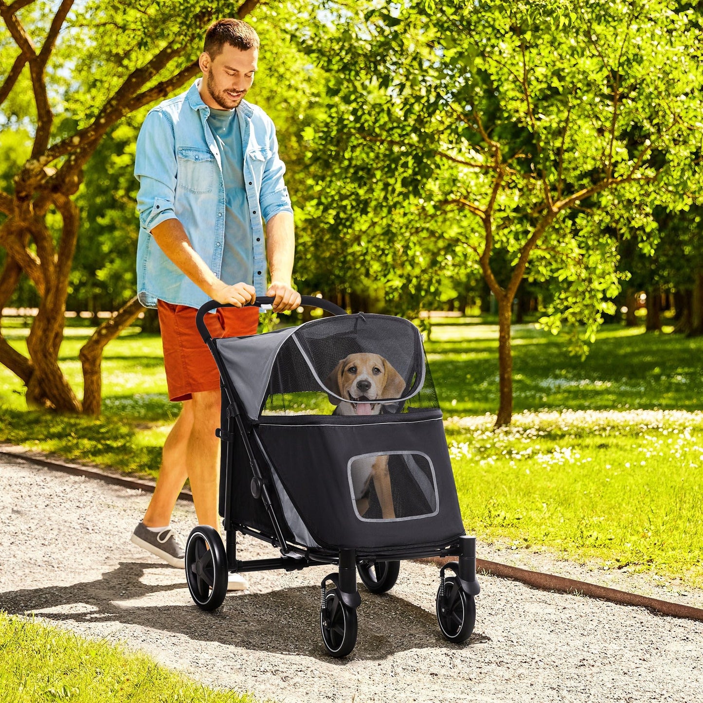 PawHut Pet Stroller Dog Cat Carriage One Click Fold with Universal Front Wheels Shock Absorber Brakes Storage Bags Mesh Window