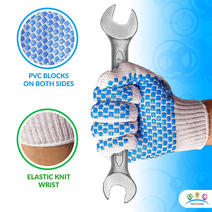 Pack of 288 String Knit Gloves with Blue Blocks on Two Sides L size Knitted Cotton Polyester Gloves for General Purpose. Protective Gloves with Blue PVC block pattern. Medium Weight Gloves.