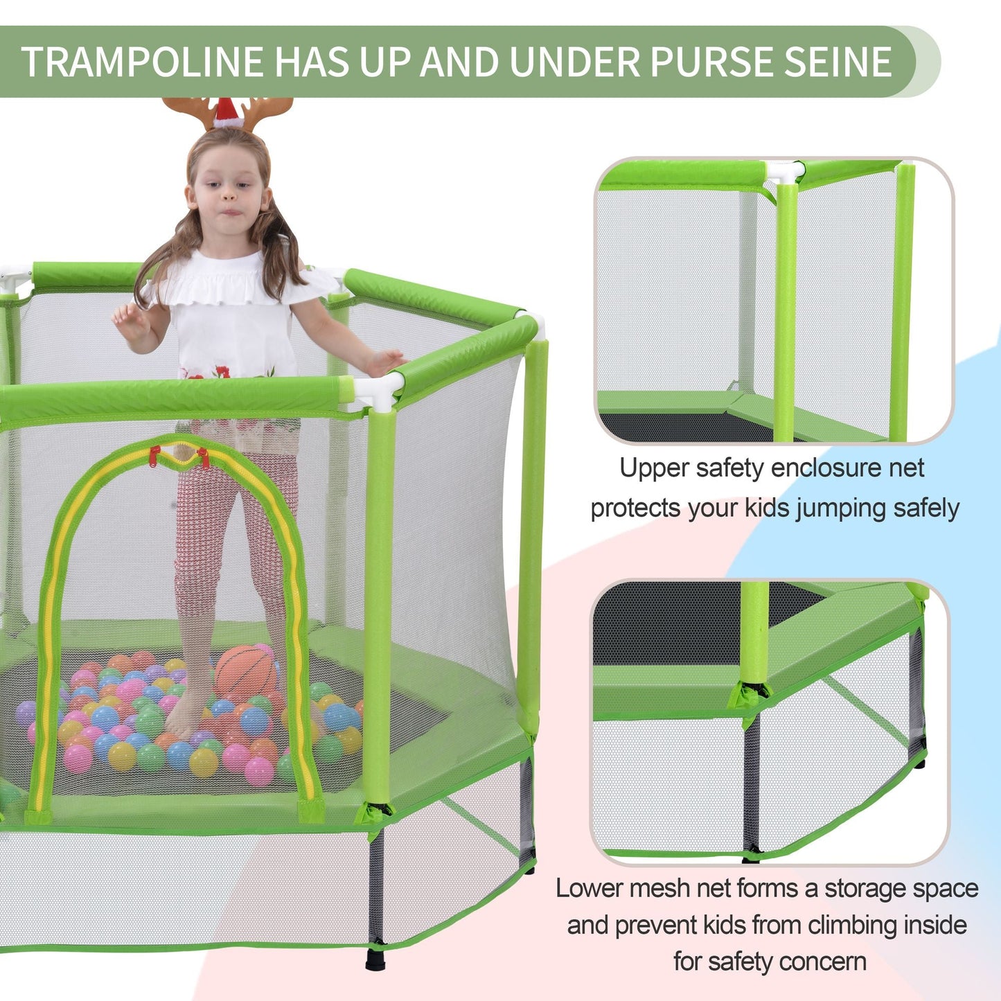 55'' Toddlers Trampoline with Safety Enclosure Net and Balls, Indoor Outdoor Mini Trampoline for Kids
