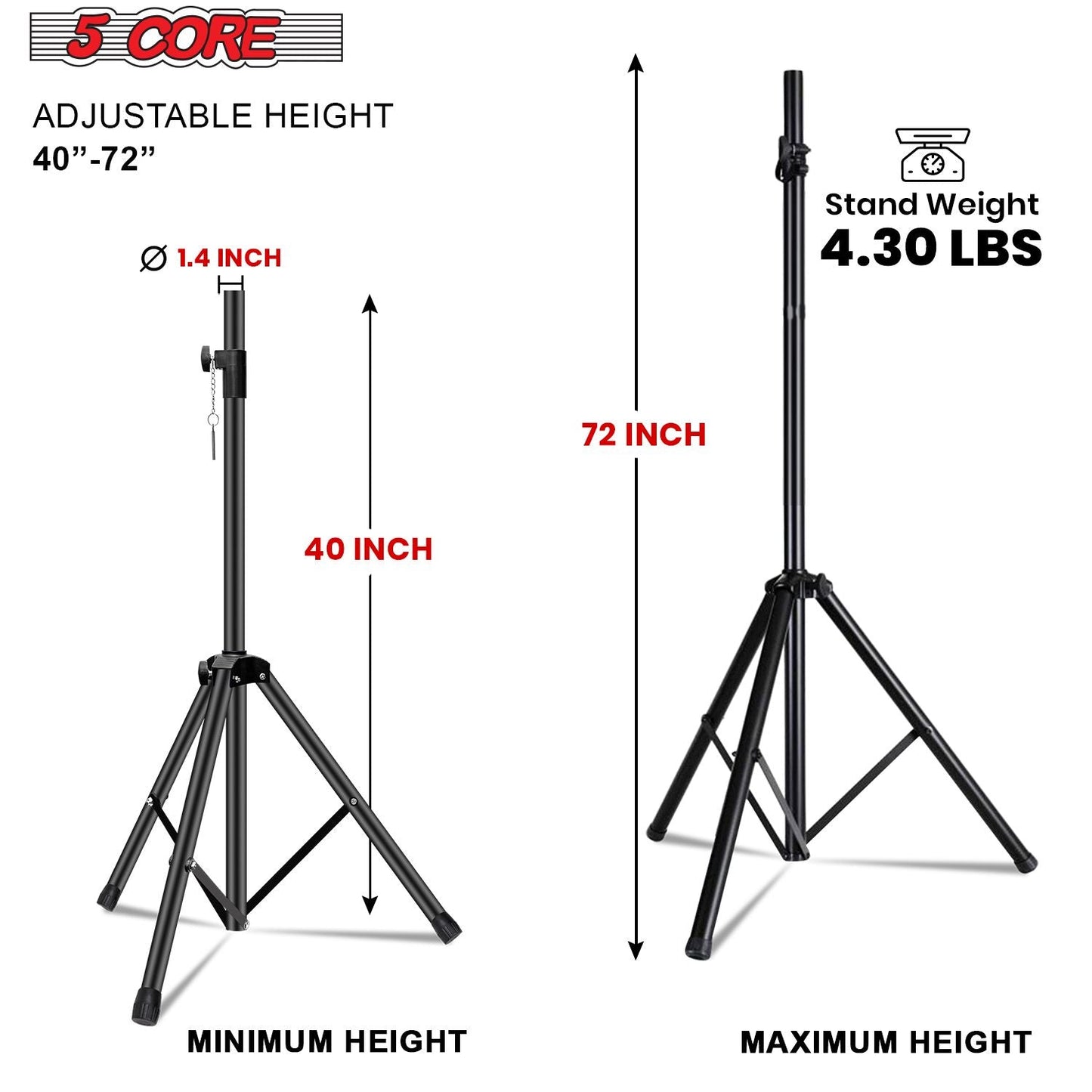 5 Core Speaker Stand Height Adjustable PA DJ Tripod Studio Monitor Stands w 35mm Compatible Insert - SS ECO 1PK BLK WoB