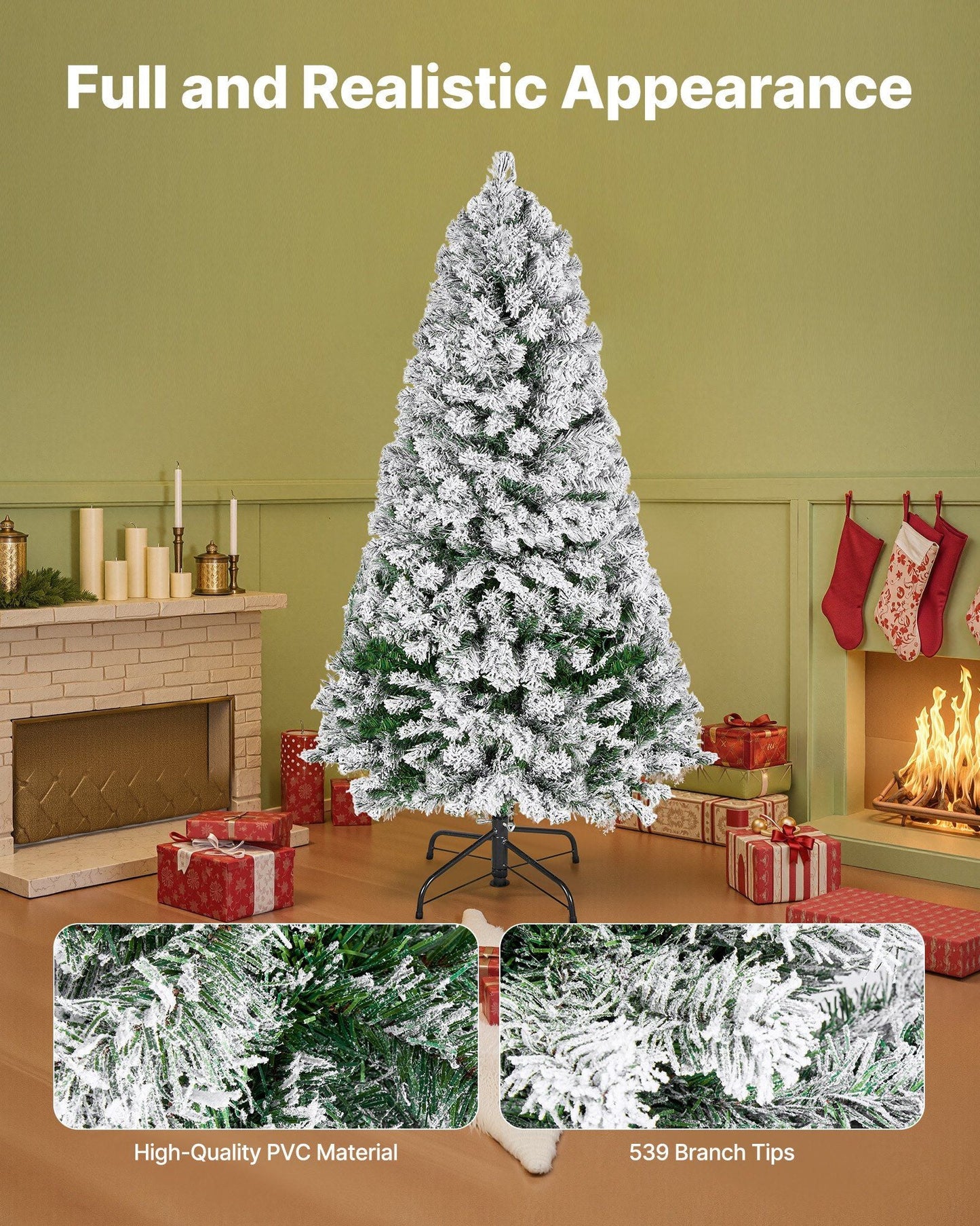 VEVOR Christmas Tree, 4ft Prelit Flocked Artificial Tree, Full Holiday Xmas Deco Trees with 120 Warm White LED Lights, 8 Lighting Modes & 539 Branch Tips for Home Party Office Decoration