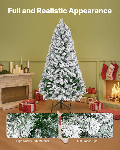 VEVOR Christmas Tree, 4ft Prelit Flocked Artificial Tree, Full Holiday Xmas Deco Trees with 120 Warm White LED Lights, 8 Lighting Modes & 539 Branch Tips for Home Party Office Decoration