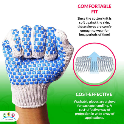 Pack of 288 String Knit Gloves with Blue Blocks on Two Sides L size Knitted Cotton Polyester Gloves for General Purpose. Protective Gloves with Blue PVC block pattern. Medium Weight Gloves.