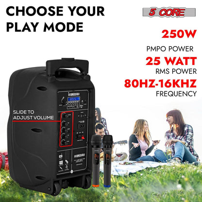 Party Starter Speaker Bluetooth 250W Big Monster Powered Rechargeable Outdoor PA DJ System w Disco Lights 2 Wireless Karaoke Mics Portable Rolling Speakers w Handle Black - ACTIVE HOME 8 2-MIC