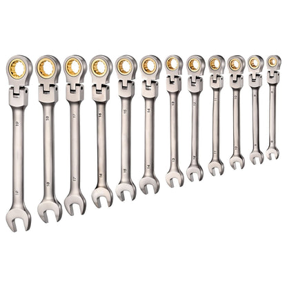 Flex-Head Ratcheting Wrench Set, 12-Piece Metric 8 mm to 19 mm, 72 Teeth, Cr-V Steel Ratchet Flexible Combination Wrench Set with Roll Up Pouch, for General Household and Automotive Repairs