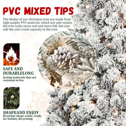 8ft Pre-lit Flocked Christmas Tree with 700 UL Lights & 54 Pine Cones & 1754 Tips Snow Frosted Artificial Xmas Tree