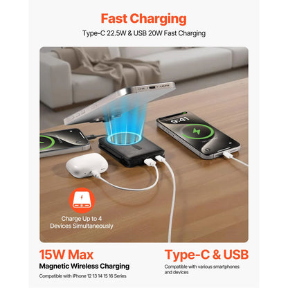 Magnetic Power Bank, 10000 mAh Battery Pack, Wireless MagSafe-Compatible Portable Charger, with Smart LED Display, Foldable Stand, Fast Charging for iPhone16/15/14/13/12 Series, Samsung, Huawei