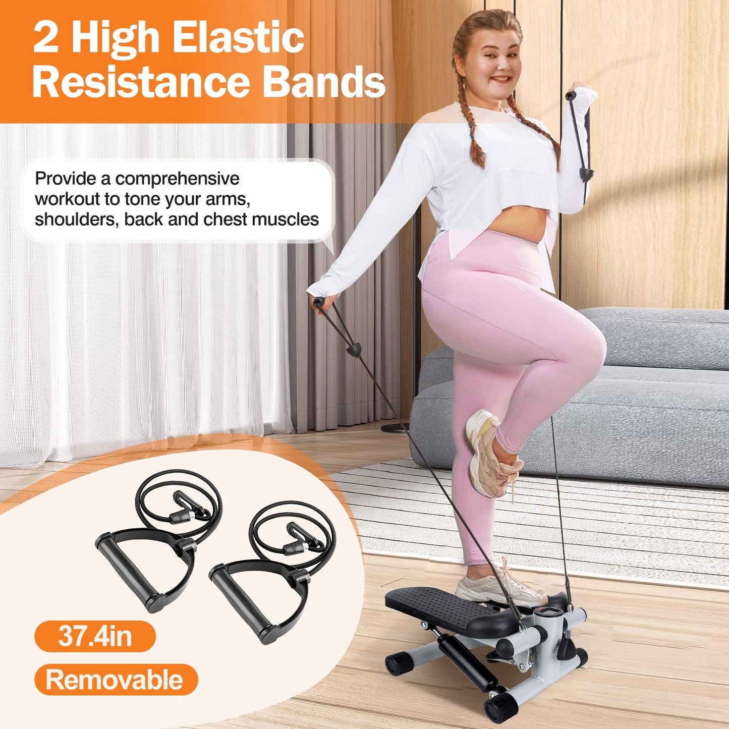 Exercise Stepper for Women Mini Fitness Stepper with 2 Resistance Bands LCD Monitor Max 330.7LBS Load Stair Stepper Quiet Stepper