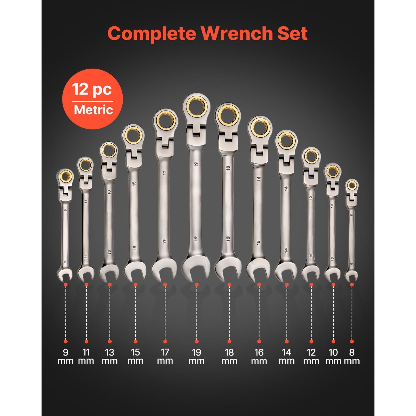 Flex-Head Ratcheting Wrench Set, 12-Piece Metric 8 mm to 19 mm, 72 Teeth, Cr-V Steel Ratchet Flexible Combination Wrench Set with Roll Up Pouch, for General Household and Automotive Repairs
