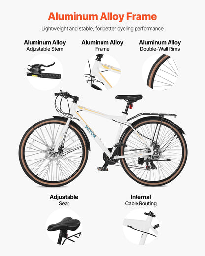 Hybrid Bike, Lightweight Aluminum Frame Bike, 700c Wheel Men Women Hybrid Bicycle, Step-Over Adult Urban City Commuter Bikes, with 24-Speed Shimano Drivetrain, Alloy Adjustable Stem, Dual Brakes