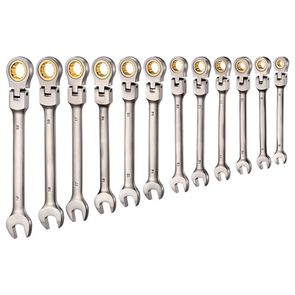 Flex-Head Ratcheting Wrench Set, 12-Piece Metric 8 mm to 19 mm, 72 Teeth, Cr-V Steel Ratchet Flexible Combination Wrench Set with Roll Up Pouch, for General Household and Automotive Repairs